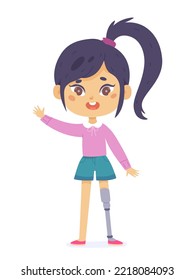 Child With Prosthetic Leg, Physical Disability Vector Illustration. Cartoon Isolated Disabled Girl With Prosthesis Standing And Waving, Portrait Of Cute Young School Student With Artificial Limb