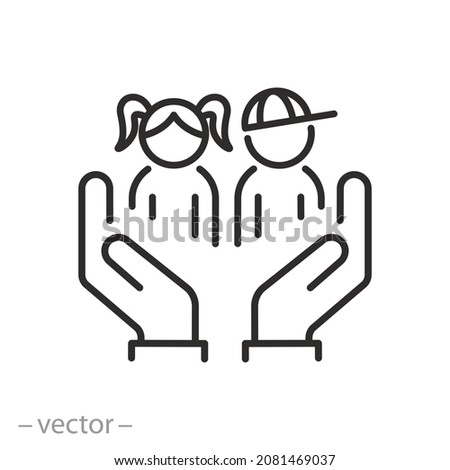 child protect icon, support hands cupped form, children safe, help or care service, family security, thin line symbol - editable stroke vector illustration