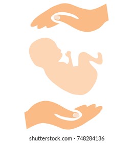 The child is protected in the womb of the mother. A child between two hands. Flat design, vector illustration, vector.