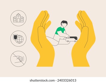 Ilustración vectorial de concepto abstracto de protección infantil. Prevenir el abuso, la respuesta a la violencia, internet seguro, ambiente doméstico protector, cuidado de los padres, desarrollar una potencial metáfora abstracta.