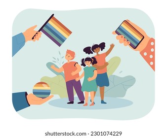 Child protection against propaganda vector illustration. Hands showing LGBT flags to kids, depiction of homosexuality or gender reassignment in media. Anti-LGBT criticism, inclusive society concept