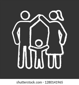 Child protection chalk icon. Family. Positive parenting. Childcare. Happy parenthood. Father, mother and toddler. Isolated vector chalkboard illustration
