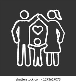 Child protection chalk icon. Family. Positive parenting. Childcare. Happy parenthood. Father, mother and toddler. Isolated vector chalkboard illustration