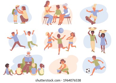 Child protection flat icon set with children play relax and learn and parents help and care for their children vector illustration