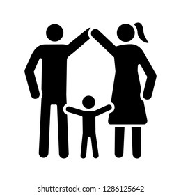 Child protection glyph icon. Silhouette symbol. Family. Positive parenting. Childcare. Happy parenthood. Father, mother and toddler. Negative space. Vector isolated illustration