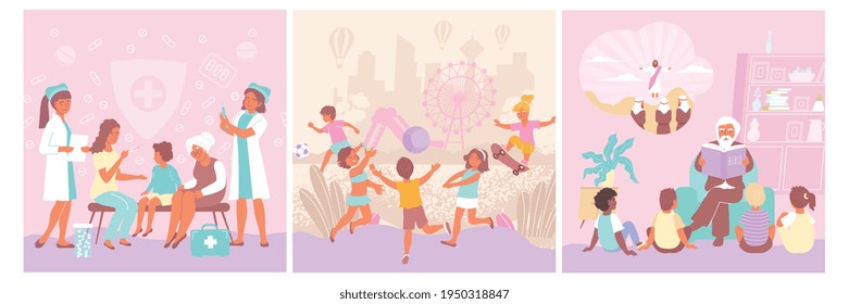 Child protection isolated flat icon set with reading the Bible playing in the playground vaccinating a child vector illustration