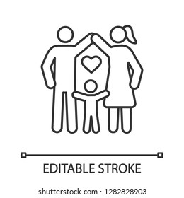 Child protection linear icon. Family. Positive parenting. Thin line illustration. Childcare. Happy parenthood. Father, mother, toddler. Contour symbol. Vector isolated outline drawing. Editable stroke