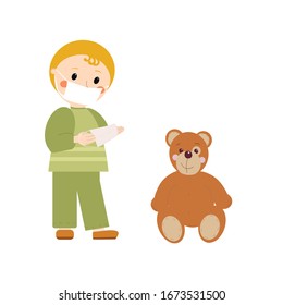 Child in a protective mask. A boy wants to protect a toy bear.Vector illustration: a boy with blond hair in green clothes and a teddy bear.