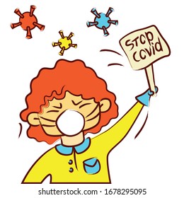 A child in a protective mask with a poster. Stop the coronavirus. Flying coronavirus in the air. Call for precautions, prevention and quarantine. Personal responsibility for the spread of the virus.