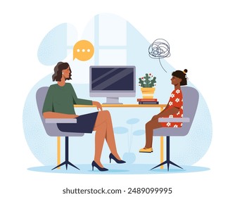 Child psychiatrist concept. Woman supports sad girl. Negative feelings and emotions. Frustration, depression and loneliness. Consultation and advice from psychologist. Flat vector illustration