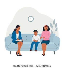 Child psychiatrist work with small black boy and his mom on the sofa. Psychological consultation. Vector flat style illustration