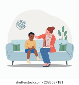 Child psychiatrist work with small black boy on the sofa. Psychological support. Doldrums concept. Vector flat cartoon  illustration