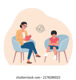 Child psychiatrist work with small boy on the chairs. Psychological consultation. Vector flat style illustration