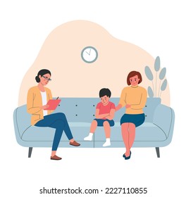 Child psychiatrist work with small boy and his mom on the sofa. Psychological consultation. Vector flat style illustration