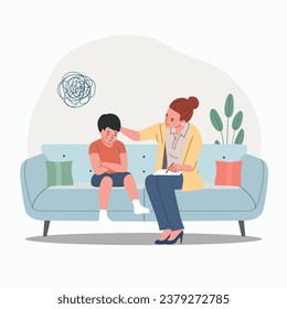 Child psychiatrist work with small boy on the sofa. Psychological support. Doldrums concept. Vector flat cartoon  illustration