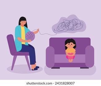 Child psychiatrists work with small girl. Psychological consultation in a hospital, school or kindergarten. Kid psychology after domestic violence or accident concept. illustration,vector