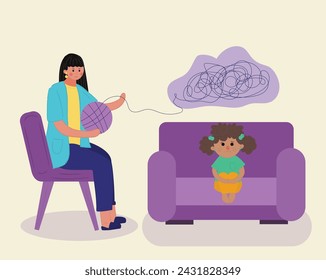 Child psychiatrists work with small girl. Psychological consultation in a hospital, school or kindergarten. Kid psychology after domestic violence or accident concept. illustration,vector