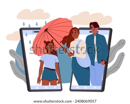 Child psychological support concept. Man and woman with umbrella near girl at smartphone screen. Mental health and psychology. Parents care about their daughter. Cartoon flat vector illustration