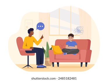 Child psychologist concept. Man helps teenager with mental and psychological problems. Consultation and treatment. Depression and frustration. Flat vector illustration isolated on white background