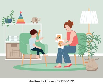 Child psychologist flat concept with woman specialist showing pictures to the boy vector illustration