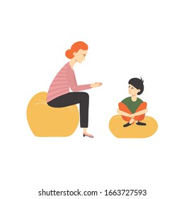 Child psychologist has conversation with boy. Family psychotherapy session for children with mental problems. Vector flat cartoon illustration