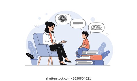 Child psychologist offers support and understanding during therapy session with young boy experiencing distress