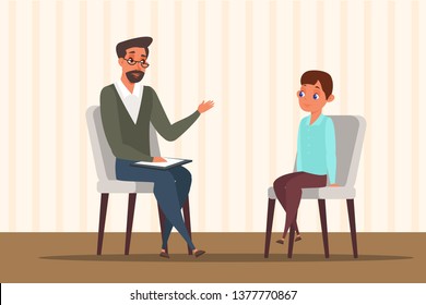 Child in psychologist office flat illustration. Little boy talking with psychotherapist vector drawing. Pupil and school principal, teacher cartoon characters. Counselor consulting teenager