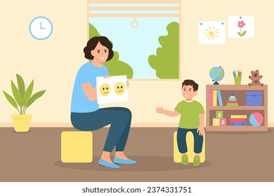 Child psychologist showing pictures to the boy. Kid counselling session in informal cozy office interior. Family psychotherapy session for children with mental problems.Vector flat  illustration