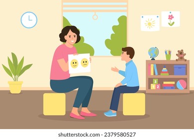 Child psychologist showing pictures to the boy. Kid counselling session in informal cozy office interior. Family psychotherapy session for children with mental problems.Vector flat  illustration