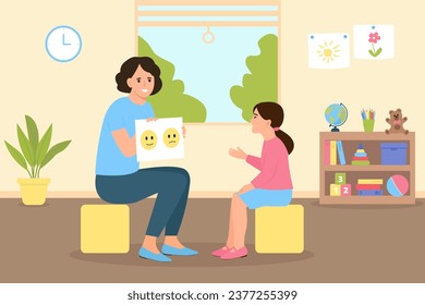 Child psychologist showing pictures to the girl. Kid counselling session in informal cozy office interior. Vector flat  illustration