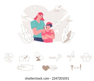 Child psychology banner and icons set, flat vector illustration isolated on white background. Family advisor and psychotherapy bundle of elements for website and print.