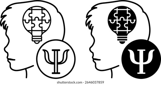 Child Psychology Icons. Black and White Vector Illustrations. Child Head, Light Bulb with Puzzles and Psychologist Sign. Solve Children's Problems. Mental Health