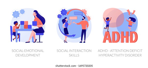 Child psychology icons set. Social-emotional development, social interaction skills, ADHD - attention deficit hyperactivity disorder metaphors. Vector isolated concept metaphor illustrations.
