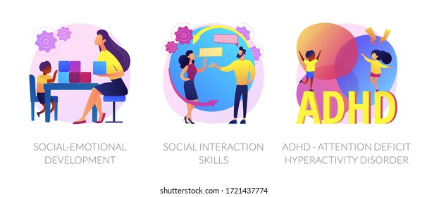 Child psychology icons set. Social-emotional development, social interaction skills, ADHD - attention deficit hyperactivity disorder metaphors. Vector isolated concept metaphor illustrations.