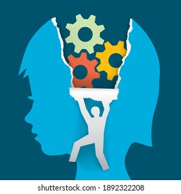 

Child psychology, psychological examination concept.
Little child head in profile with gear and male silhouette ripping paper background. Vector available.The image does not show real people.