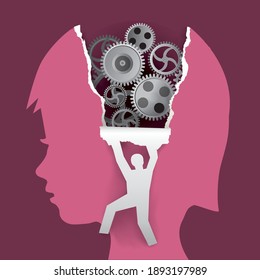 Child psychology, psychological examination concept.
Little child head in profile with gear and male silhouette ripping paper background. Vector available. The image does not show real people.