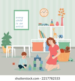 Child psycologist flat concept with boy playing with psychotherapist indoors vector illustration