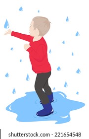A child in a puddle catches raindrops, vector illustration