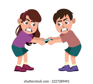 un niño tirando del celular con un amigo y se enfada, un niño y una niña discutiendo por un smartphone.