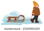 Child pulls a sled while walking in winter. Hand drawn vector illustration. Suitable for website, stickers, gift cards.