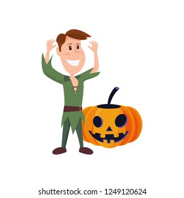 child with pumpkin in halloween costume
