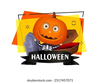 Kind in Kürbismaske und Skelettkostüm zur Party einladend. Halloween-Inschrift auf schwarzem Band, Grabstein und Sarg auf Hintergrund. Halloween Feier Konzept. Vektorgrafik für Banner