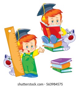 the child is a pupil with a cat to study and read the textbook