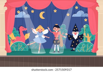 Child puppet theater scene with marionettes. Childish entertainment show, toys dolls actors and scenery. Happy boys and girls fairytale performance. Cartoon flat isolated vector concept