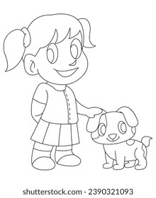 A child and a puppy illustration in outline and vector.