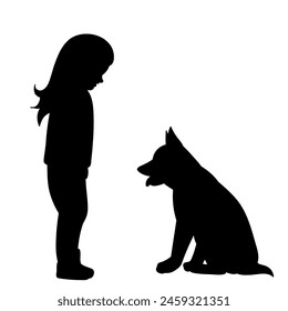 child and puppy silhouette on white background vector