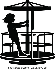 Child pushing carousel, playing in park, childhood fun.