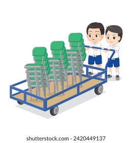 child pushing cart cartoon illustration