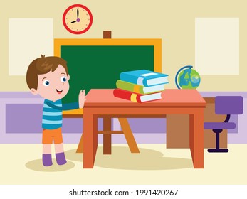 Child pushing vector concept. Boy pushing a table in the classroom