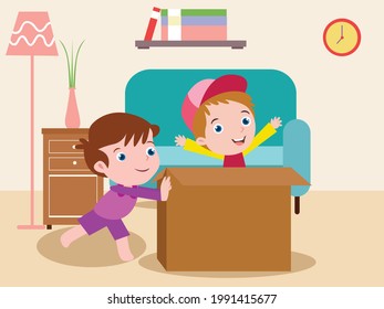 Child pushing vector concept. Girl pushing cardboard with her brother in the living room at home